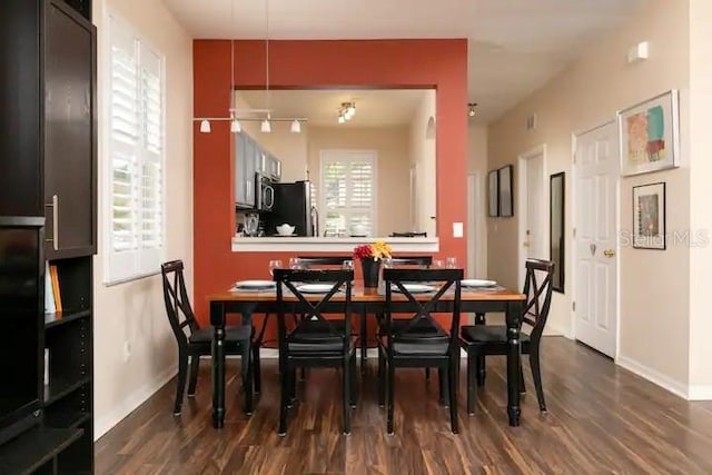 dining area featuring plenty of natural light and dark hardwood / wood-style floors