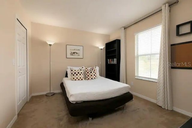 bedroom featuring light carpet