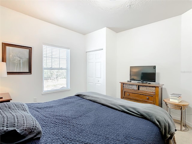 bedroom featuring light carpet and a closet