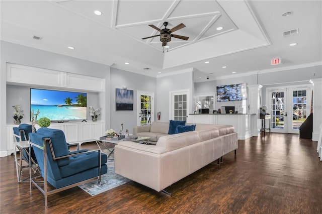 living room featuring ceiling fan, ornate columns, french doors, and dark hardwood / wood-style flooring