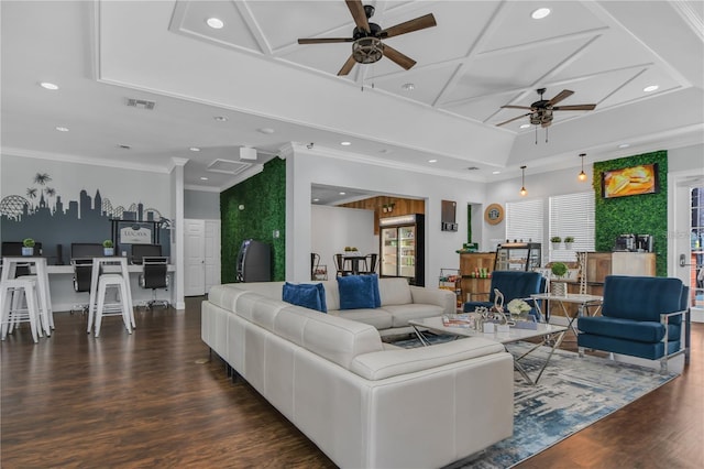 living room featuring coffered ceiling, ornamental molding, ceiling fan, and dark hardwood / wood-style flooring