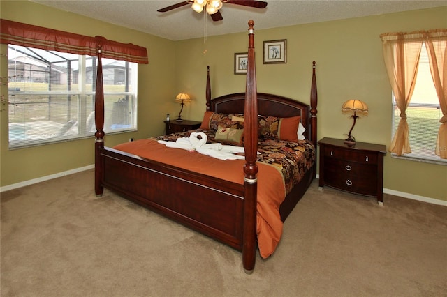 carpeted bedroom with a textured ceiling, multiple windows, and ceiling fan