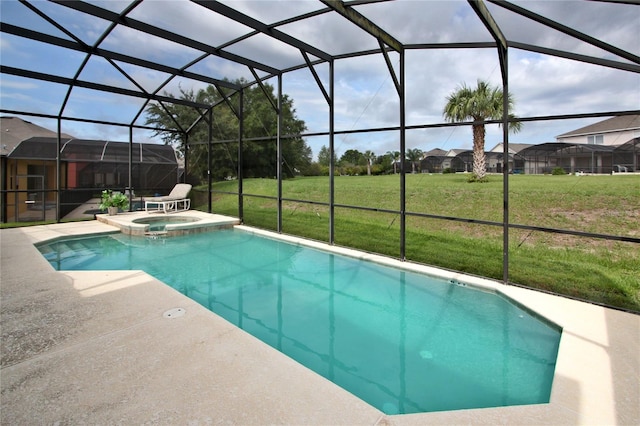 view of swimming pool with a lanai, a patio area, an in ground hot tub, and a yard