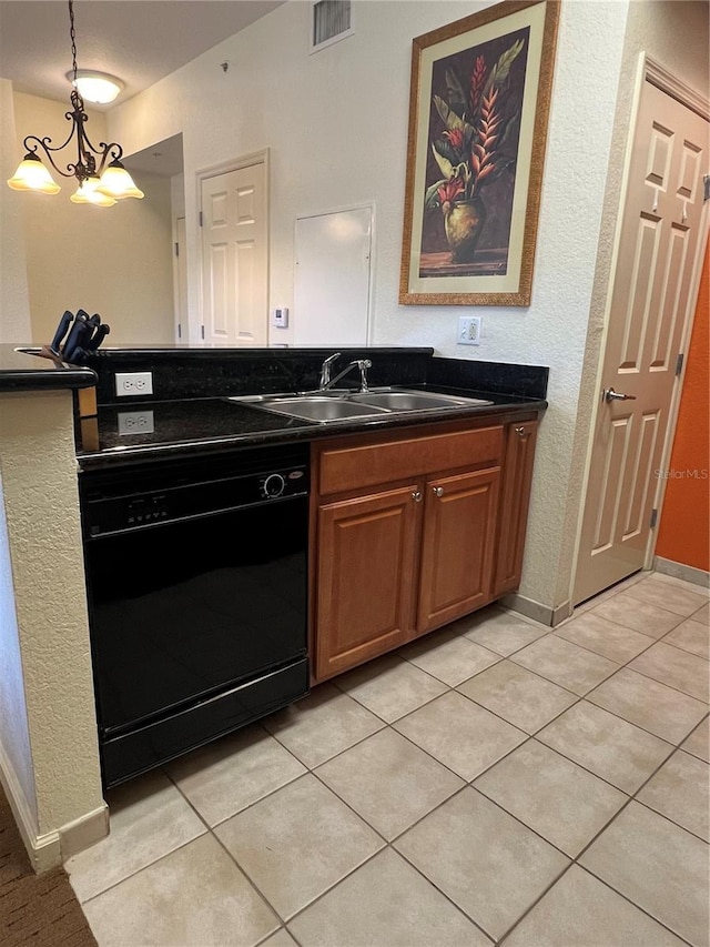 kitchen featuring sink, light tile floors, hanging light fixtures, a chandelier, and dishwasher