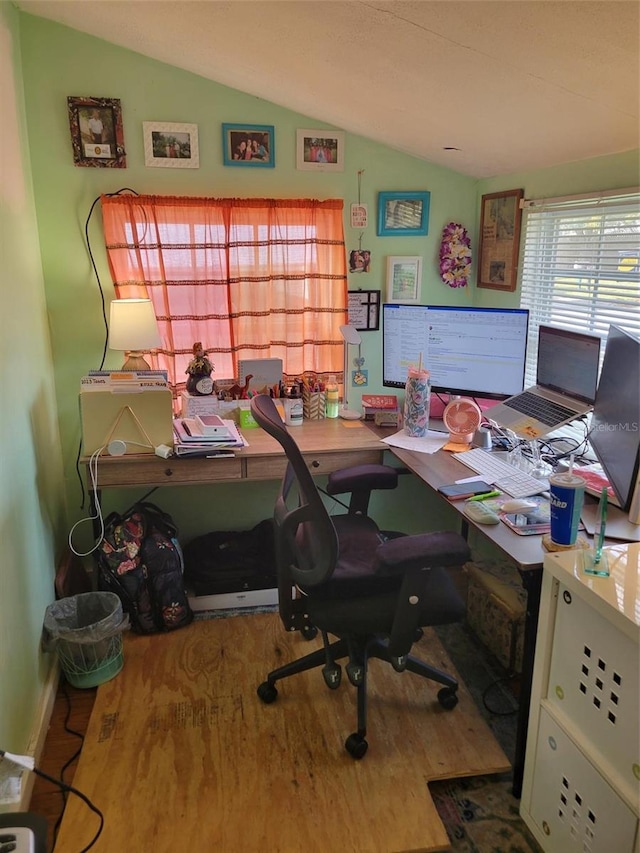 office area featuring lofted ceiling and hardwood / wood-style flooring