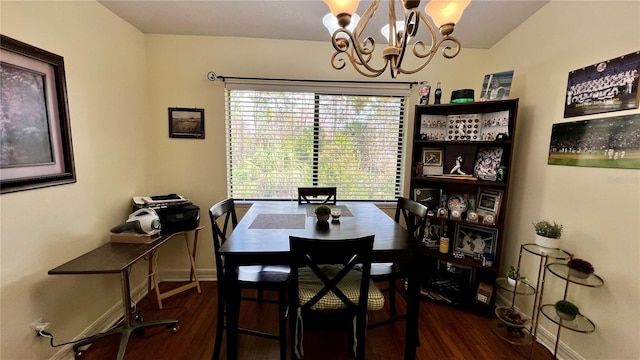 dining area featuring dark hardwood / wood-style flooring, a notable chandelier, and a wealth of natural light