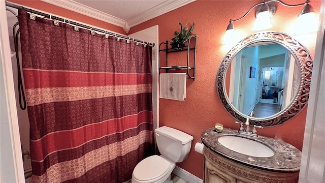 bathroom featuring toilet, a textured ceiling, vanity, and crown molding