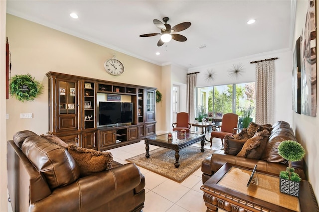 living room with light tile floors, ceiling fan, and crown molding