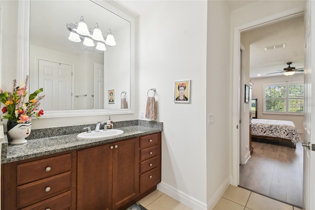 bathroom with vanity, wood-type flooring, and ceiling fan