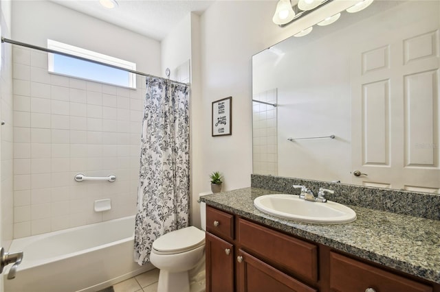 full bathroom with toilet, shower / bath combo, vanity, and tile flooring