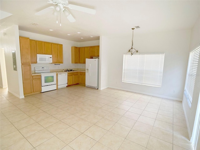 kitchen featuring decorative light fixtures, ceiling fan, white appliances, sink, and light tile floors