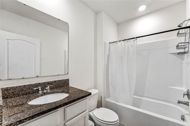 full bathroom with vanity, toilet, and shower / bathtub combination with curtain