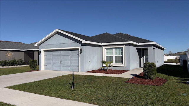 ranch-style home featuring a garage and a front yard