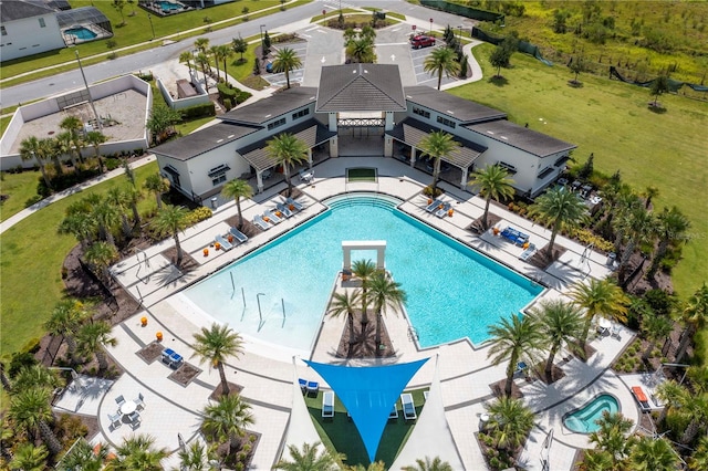 view of swimming pool featuring a patio area and a lawn