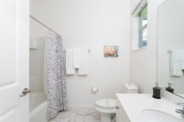 full bathroom with toilet, shower / tub combo with curtain, tile floors, and vanity