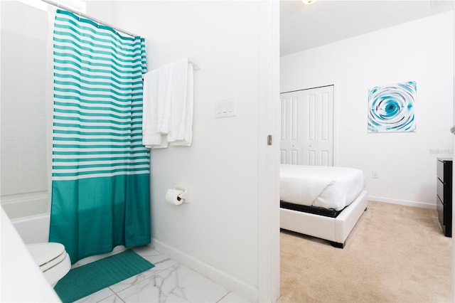 full bathroom featuring vanity, tile floors, shower / bath combo, and toilet