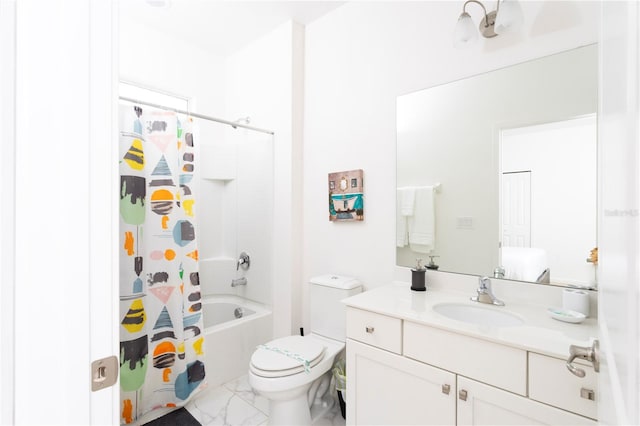 full bathroom with tile floors, toilet, vanity, and shower / bathtub combination with curtain