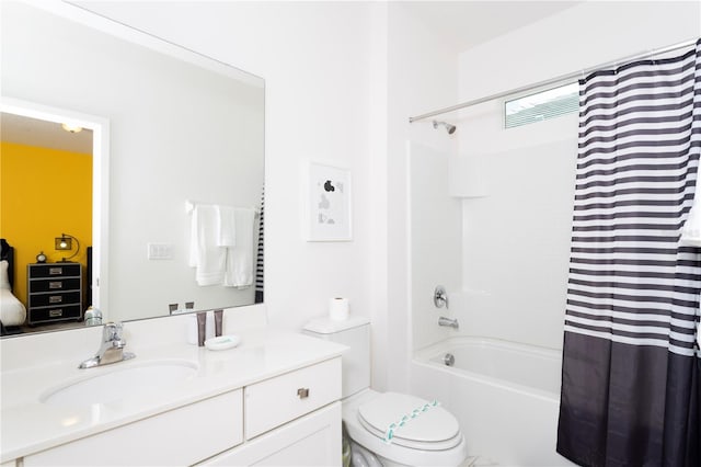 full bathroom featuring shower / bath combination with curtain, oversized vanity, and toilet