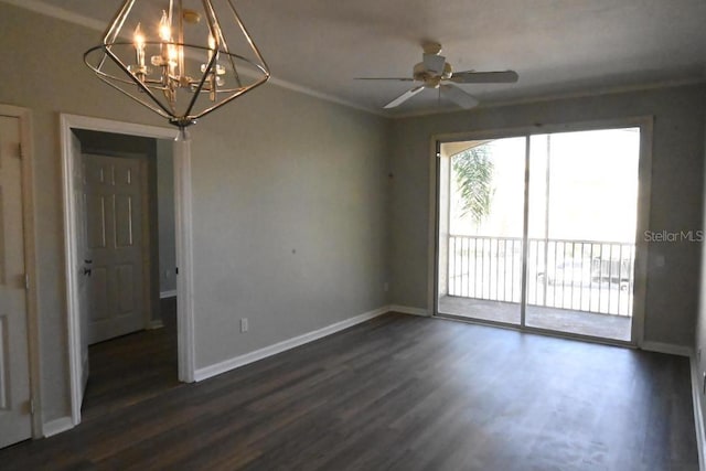 empty room featuring crown molding, ceiling fan with notable chandelier, and dark hardwood / wood-style flooring