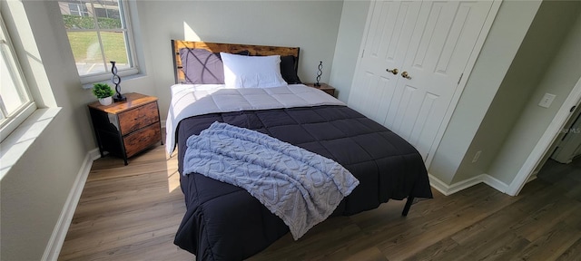 bedroom featuring wood-type flooring and a closet