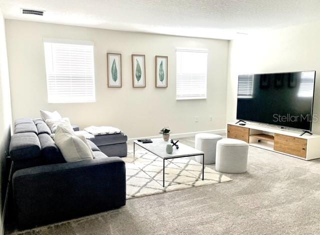 carpeted living room featuring a textured ceiling