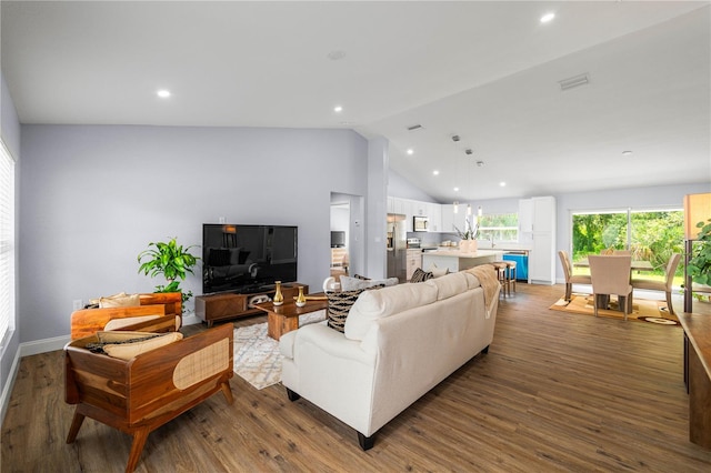 living room with hardwood / wood-style flooring and high vaulted ceiling