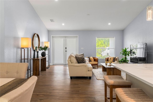 living room with dark hardwood / wood-style flooring