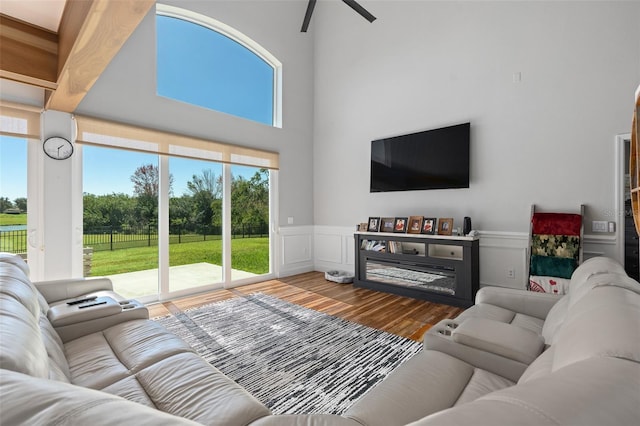 living room featuring a high ceiling and wood-type flooring