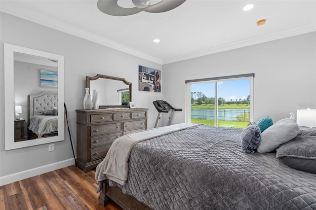 bedroom with crown molding, ceiling fan, dark hardwood / wood-style floors, and access to outside