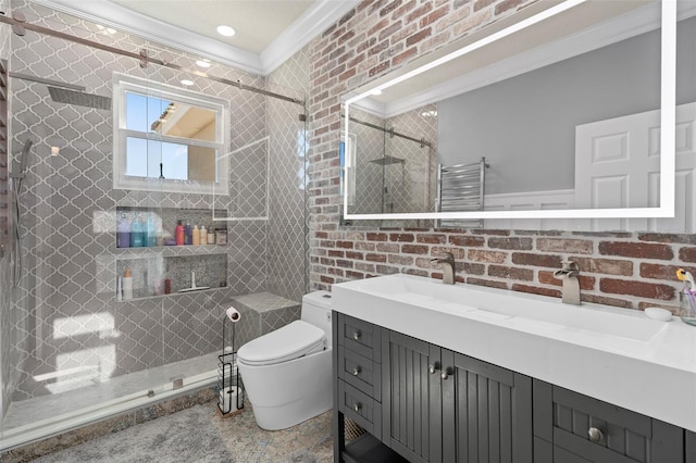 bathroom featuring ornamental molding, a shower with shower door, vanity, and toilet