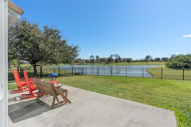 view of patio / terrace featuring a water view