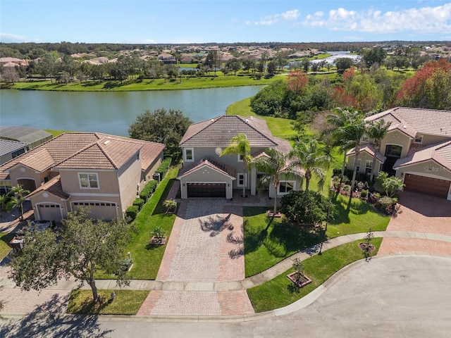 drone / aerial view featuring a water view