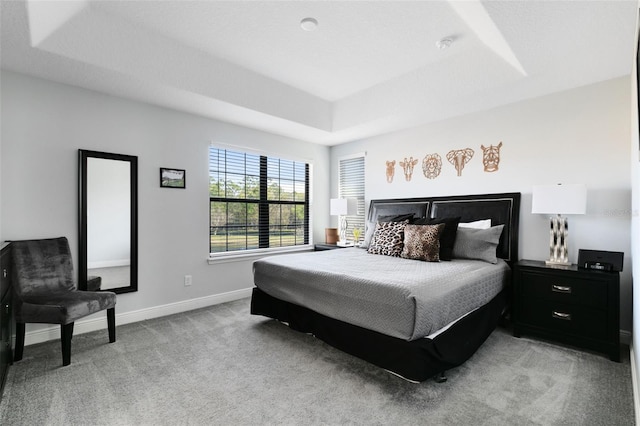 carpeted bedroom featuring a raised ceiling and a textured ceiling