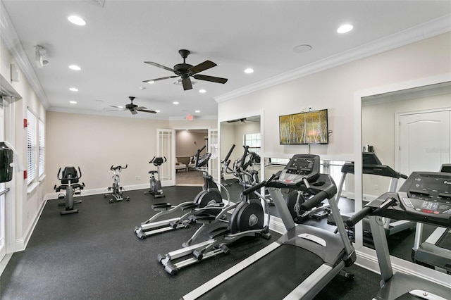 gym with a wealth of natural light, ornamental molding, and ceiling fan