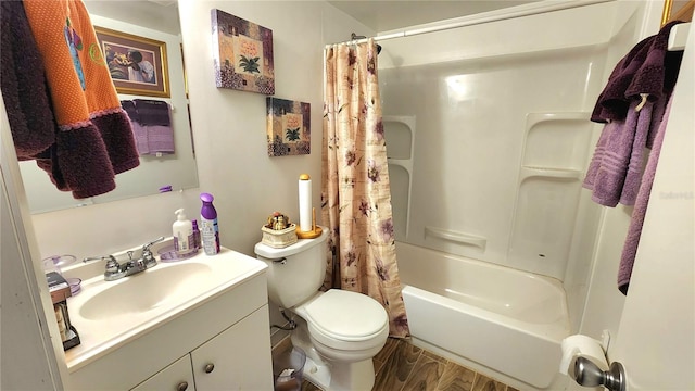 full bathroom with shower / bath combo, toilet, wood-type flooring, and large vanity