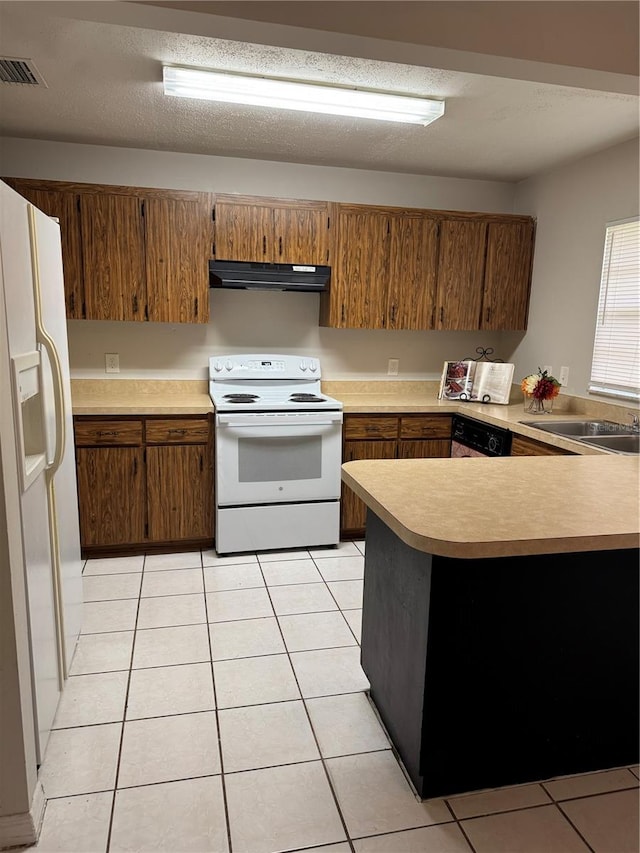 kitchen with sink, kitchen peninsula, a textured ceiling, light tile patterned floors, and white appliances