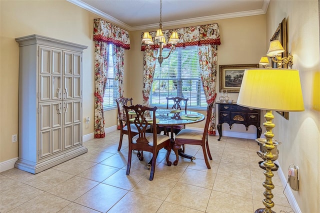 dining space featuring crown molding, light tile floors, and an inviting chandelier