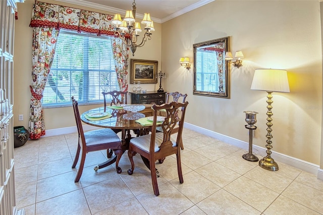 tiled dining space with a chandelier and ornamental molding