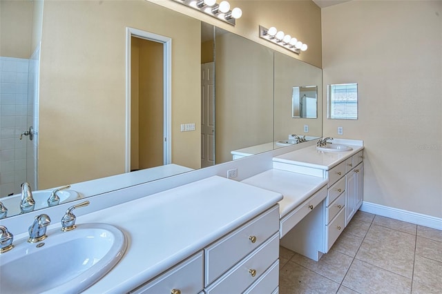 bathroom with tile floors and double vanity