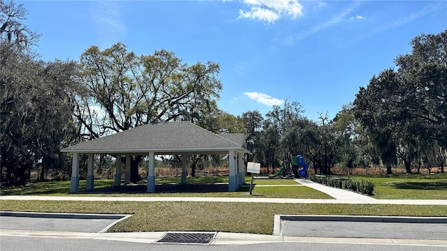 view of nearby features featuring a lawn, a playground, and a gazebo