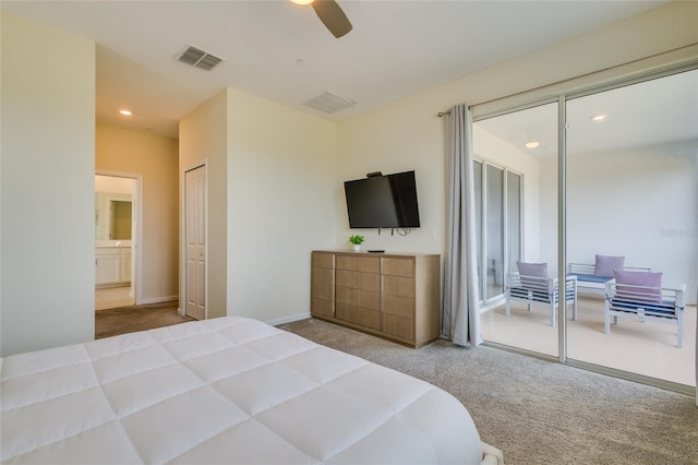 bedroom featuring a closet, light carpet, ceiling fan, and access to exterior