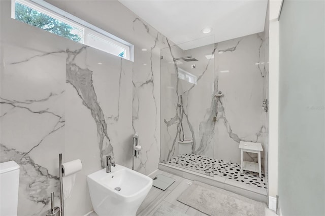 bathroom with an enclosed shower, toilet, and tile flooring