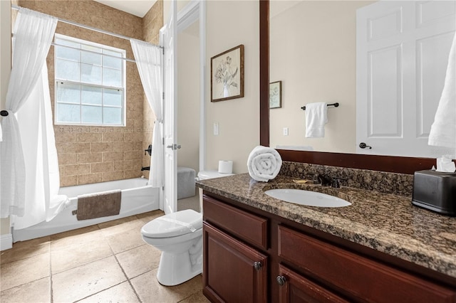 full bathroom featuring toilet, shower / bathtub combination with curtain, tile patterned floors, and vanity