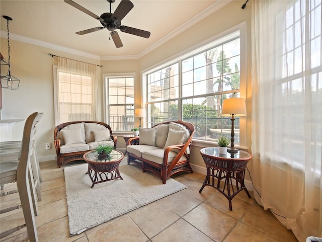 sunroom featuring ceiling fan