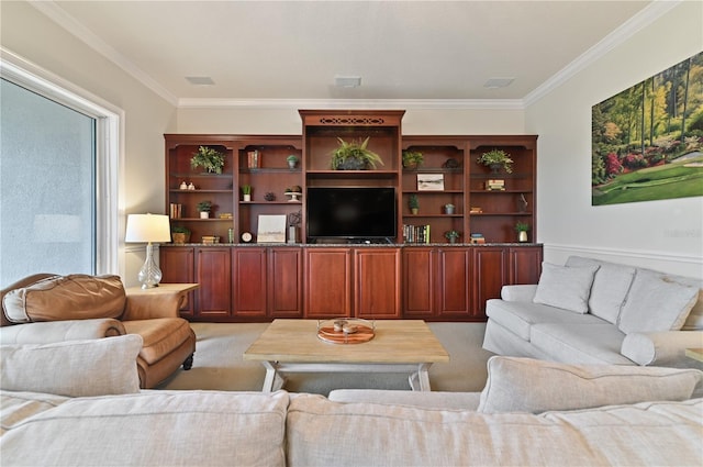 living room with crown molding and light colored carpet