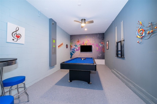 game room featuring billiards and ceiling fan