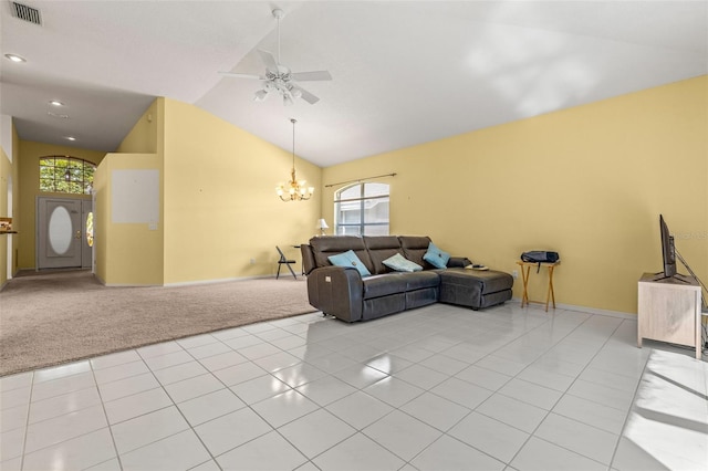 carpeted living room with lofted ceiling and ceiling fan with notable chandelier