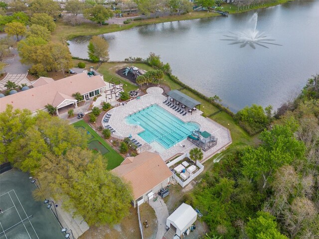 drone / aerial view featuring a water view