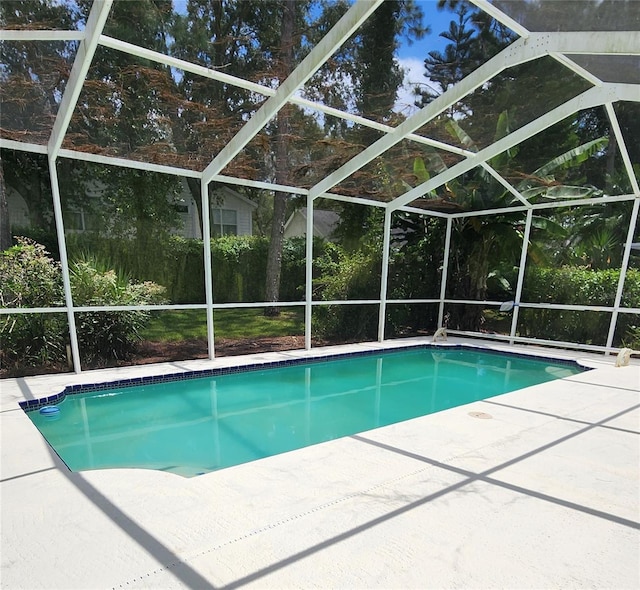 view of swimming pool with a lanai and a patio