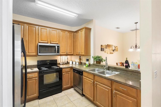 kitchen with a chandelier, decorative light fixtures, light tile flooring, appliances with stainless steel finishes, and sink